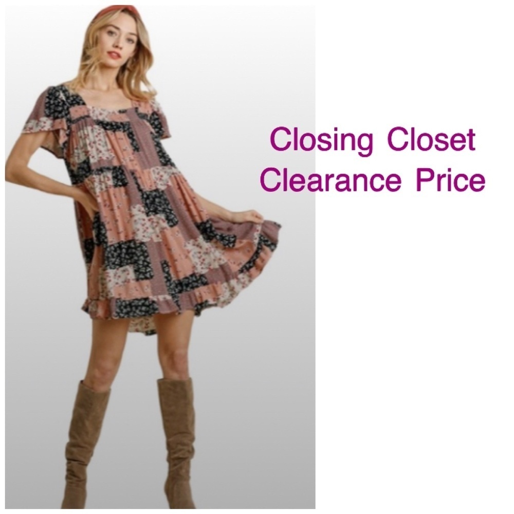 CLEARANCE- Large Umgee Floral Patchwork Short Sleeve Dress